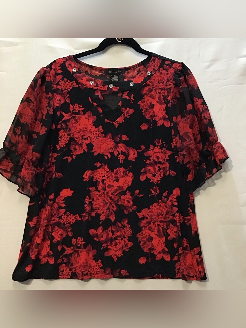 Rafaella Black Blouse with Red Floral Print